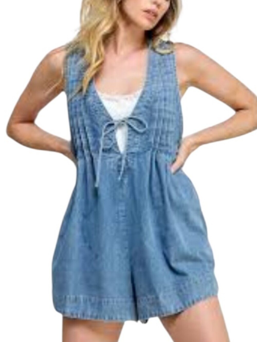 Denim Pleated Romper Tie Front